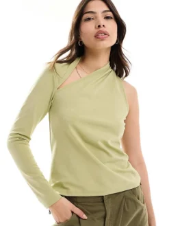 JDY One Sleeve Asymmetric Top In Sage Green For Women Light Green
