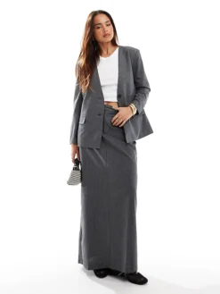 JDY Column Maxi Pinstripe Skirt Co-ord In Grey For Women Dark Grey Melange