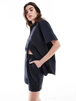 JDY Oversized Pinstripe Co-ord Short In Navy For Women