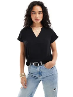 JDY V Neck Short Sleeve Blouse In Black For Women