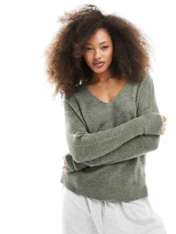 JDY V Neck Knit Jumper In Light Khaki For Women