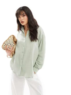 JDY Long Sleeve Loose Blouse In Sage For Women Light Green