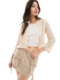 JDY 3/4 Sleeve Crop Broderie Cardigan In Cream For Women