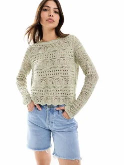 JDY Boatneck Broderie Long Sleeve Top In Sage For Women Light Green