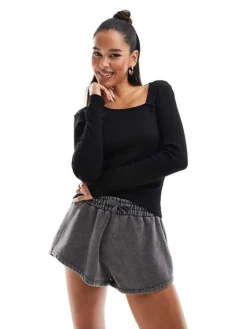 JDY Long Sleeve Ribbed Square Neck Top In Black For Women