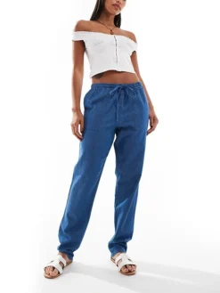 JDY Chambray Straight Leg Trousers In Blue For Women Medium Blue Denim