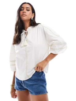 JDY Short Sleeve Blouse With Tie & Contrast Stitch Detail In Stone For Women