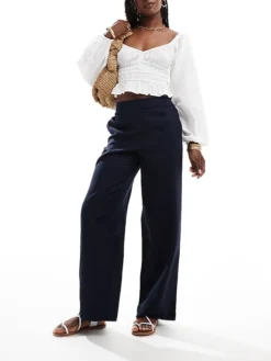 JDY High Waist Pull On Linen Look Trouser In Navy For Women Blue