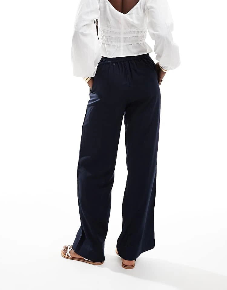 JDY High Waist Pull On Linen Look Trouser In Navy For Women Blue 3 JDY High Waist Pull On Linen Look Trouser In Navy For Women Blue - Image 3