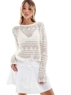 JDY Boatneck Broderie Long Sleeve Top In Cream For Women Eggnog