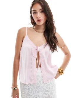 JDY Tie Front Lace Trim Cami Top In Pink For Women Light Pink