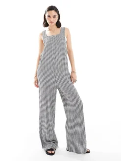 JDY Seersucker Jumpsuit In Black Check For Women Black/white
