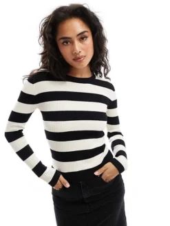 JDY Round Neck Stripe Jumper In Black And White For Women