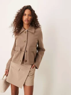 JDY Front Pockets Short Jacket In Beige For Women Brown