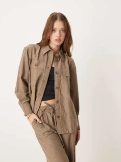 JDY Utility Pocket Shirt Co-ord In Brown Heringbone For Women