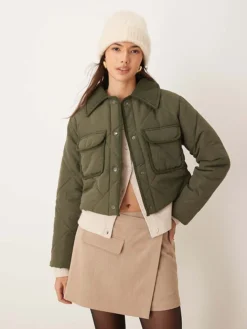 JDY Cropped Quilted Coat With Cord Detailing In Khaki For Women