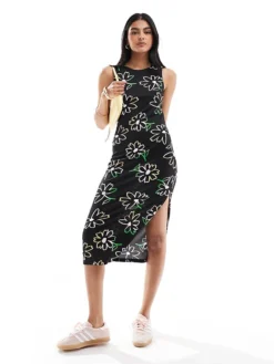 JDY Exclusive Side Split Midi Dress In Multi Floral For Women Black