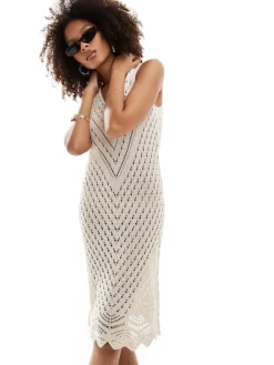 JDY V Neck Crochet Midi Dress In Cream For Women