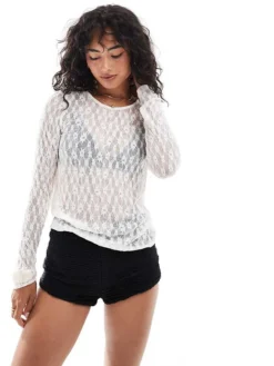 JDY Long Sleeve Lace Top In White For Women