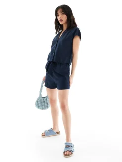 JDY Short Sleeve Linen Shirt And Shorts Co-ord In Navy