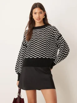 JDY Zig Zag Stripe Detail Jumper In Black And White For Women Black/white