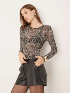 JDY Long Sleeve Sheer Top In Snake Print For Women Multi