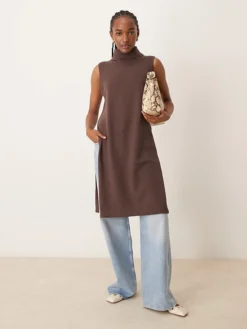 JDY High Neck Longline Knitted Vest In Chocolate Brown For Women