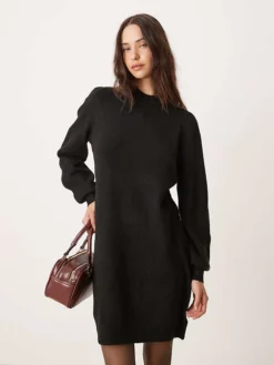 JDY Puff Sleeve Knitted Mini Jumper Dress In Black For Women