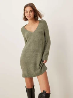 JDY V-neck Knitted Mini Dress In Dark Green For Women