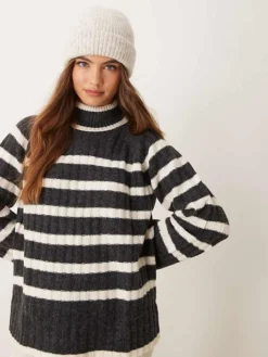 JDY Roll Neck Flute Sleeve Knitted Jumper In Dark Grey Stripe For Women