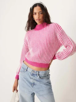 JDY High Neck Textured Stripe Jumper In Pink For Women