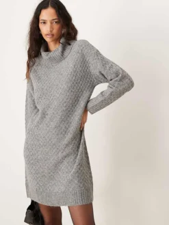 JDY Roll Neck Knitted Mini Dress In Grey For Women