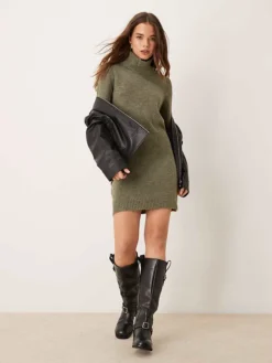 JDY Roll Neck Knitted Dress In Khaki Melange For Women