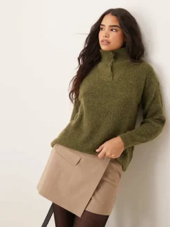 JDY Button Detail High Neck Knitted Jumper In Khaki For Women