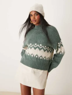 JDY Fair Isle Knitted Jumper In Teal For Women