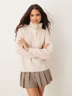 JDY Button Detail High Neck Knitted Jumper In Stone For Women