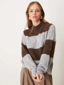 JDY High Neck Stripe Jumper In Brown & Grey For Women