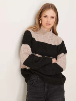 JDY High Neck Textured Knitted Jumper In Cream And Black Stripes For Women