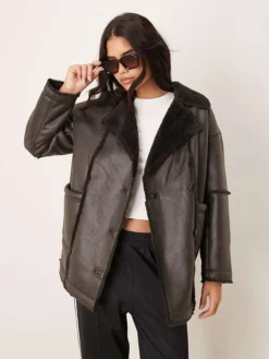 JDY Faux Shearling Coat In Chocolate Brown For Women