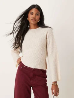 JDY Wide Sleeve Knitted Jumper In Stone For Women