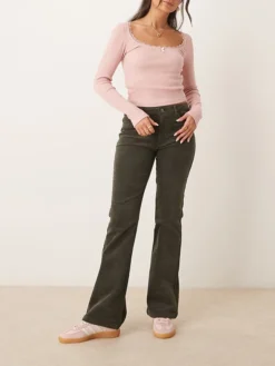 JDY Flare Cord Trousers In Peat - DGREEN For Women Dark Green