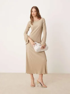 JDY Bell Sleeve Plisse Maxi Dress In Stone For Women