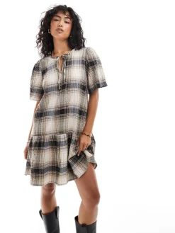 JDY Seersucker Midi Dress In Beige Check For Women