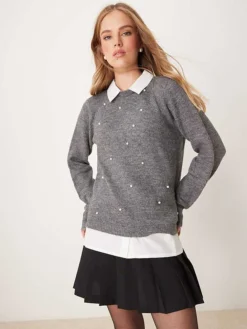 JDY 2in1 Knitted Jumper With Pearl Detail In Grey For Women Dark Grey Melange