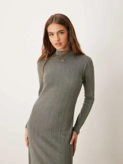JDY Long Sleeve Turtle Neck Ribbed Midi Dress In Grey For Women
