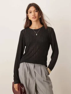 JDY Long Sleeve Laddered Top In Dark Grey For Women Dark Grey Melange