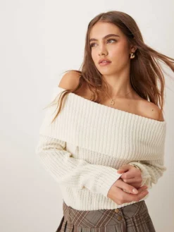 JDY Off Shoulder Ribbed Knitted Jumper In Cream For Women