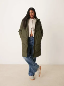 JDY Longline Water Repellent Padded Coat In Dark Green For Women