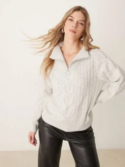 JDY Half Zip Cable Pullover Jumper In Light Grey For Women