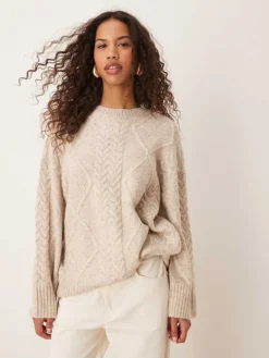 JDY Oversized Cable Knit Jumper In Oatmeal For Women